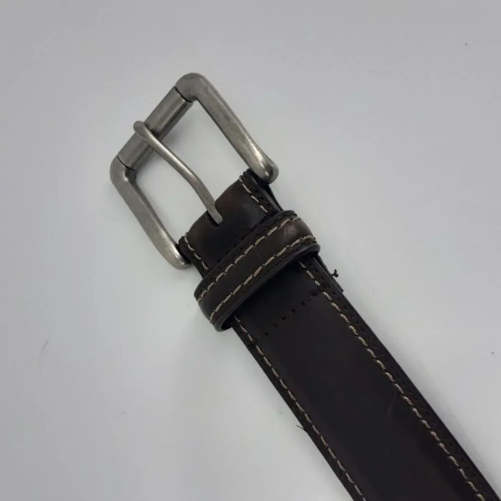 Dickies Men's Brown Leather Belt Silver Town Squared Buckle Casual Size 43
